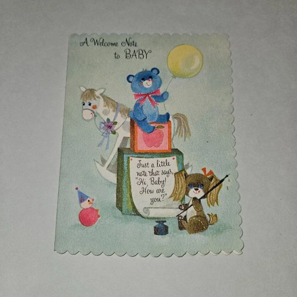 VTG New Baby Welcome Note Greeting Card Bear Dog Toys Scalloped NEVER USED